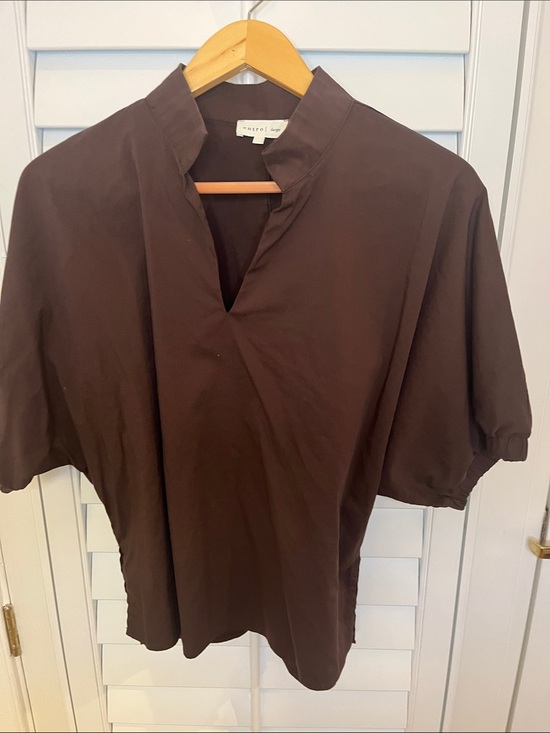 entro Tops - entro Brown Collarless Short-Sleeve Button-Down Shirt L